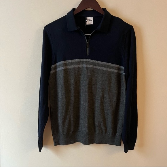 Zara Men’s Color block Pullover Long Sleeve Polo 1/4 Zip Size Medium Navy Blue - Picture 1 of 9